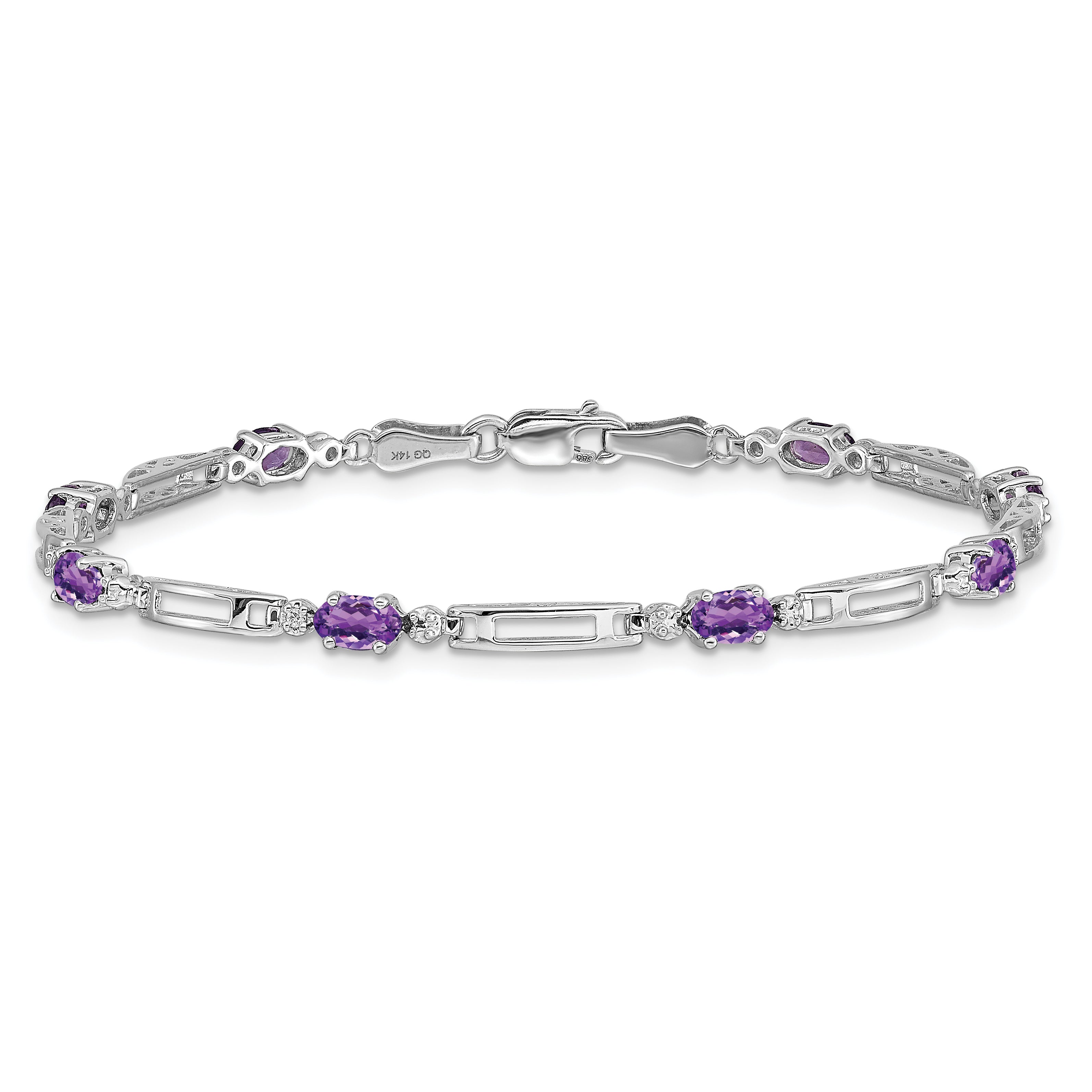 14k White Gold Complete Diamond and Oval Amethyst Fancy Link 7 inch Bracelet BM4492