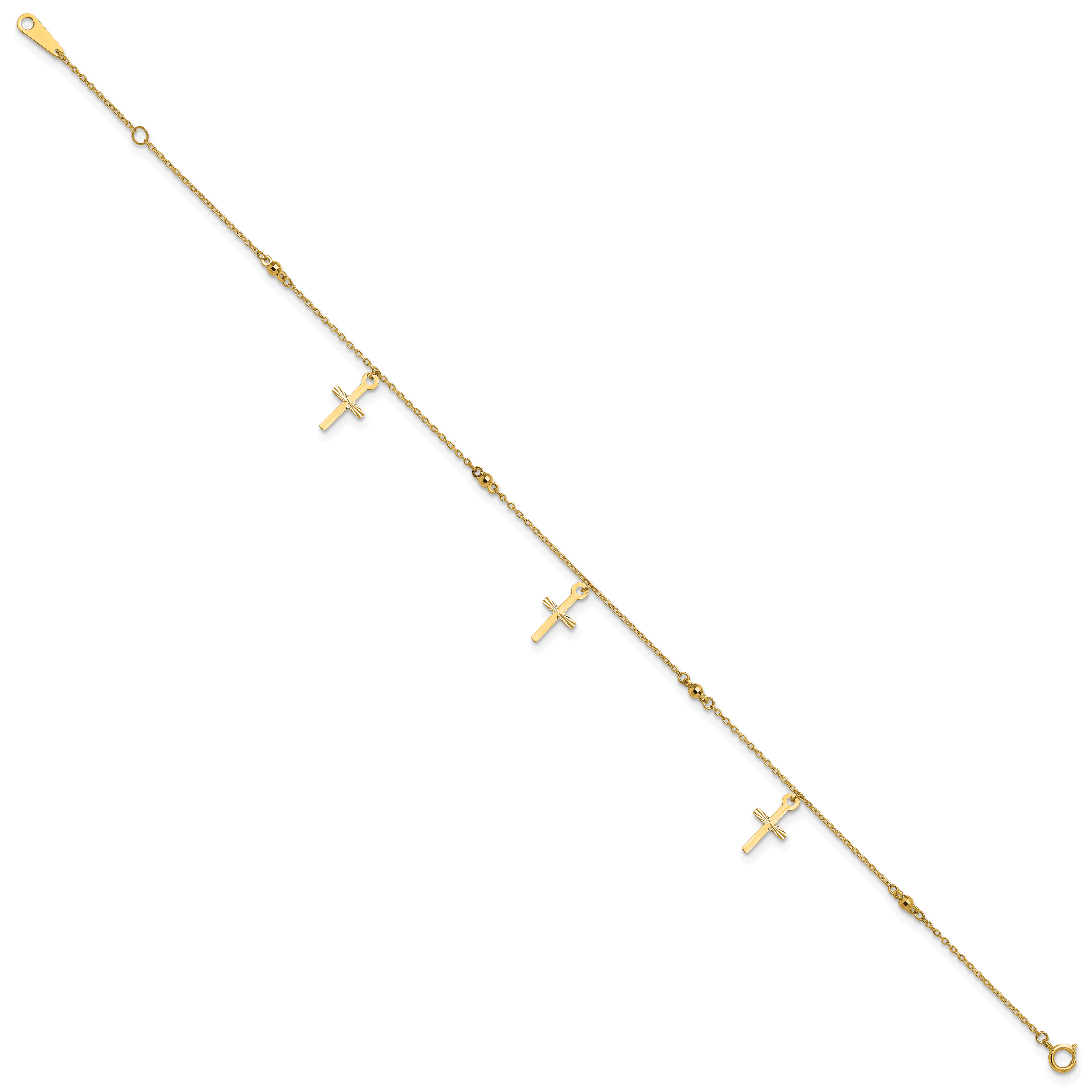 14k Diamond-cut 3 Cross Dangles and Beads 9 inch Plus 1 inch Extender - Total 10 inch Anklet ANK267