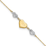 14K Two-tone Diamond-cut and MOM Puffed Heart 9 inch Plus 1 inch Extender - Total 10 inch Anklet ANK254