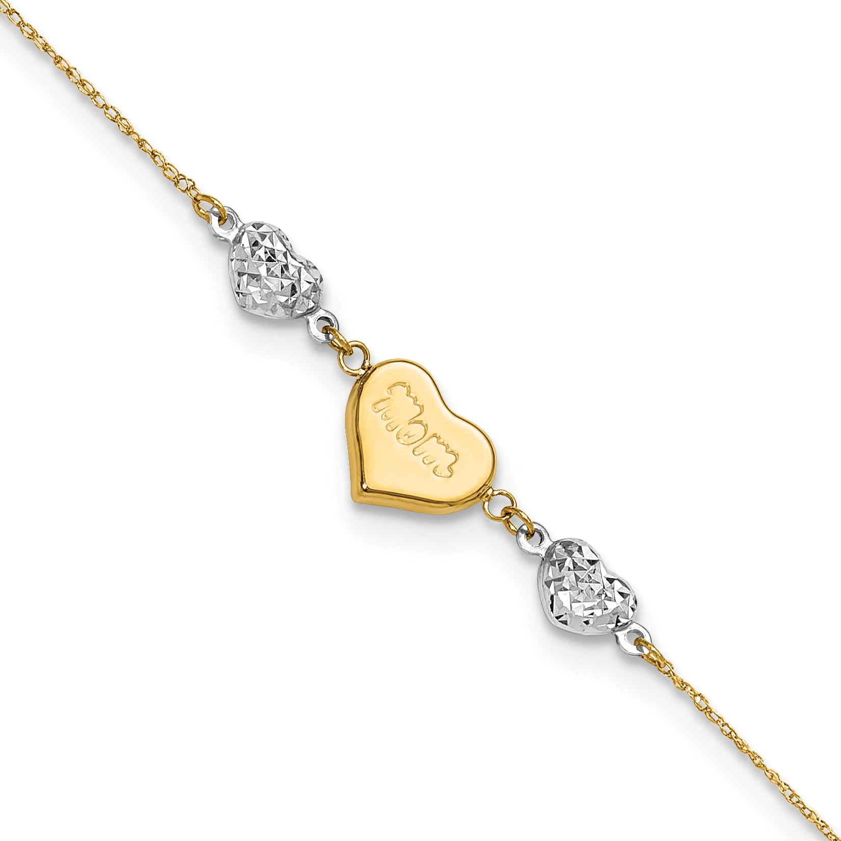 14K Two-tone Diamond-cut and MOM Puffed Heart 9 inch Plus 1 inch Extender - Total 10 inch Anklet ANK254