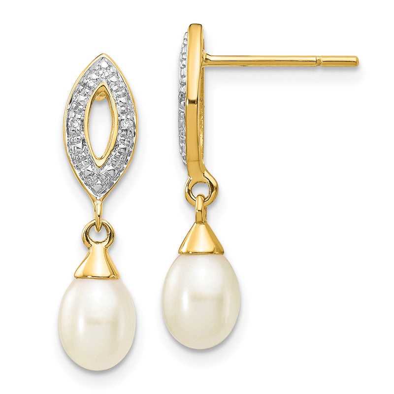 14k 7x5mm White Teardrop Freshwater Cultured Pearl and .01 carat Diamond Dangle Post Earrings XE2496AA