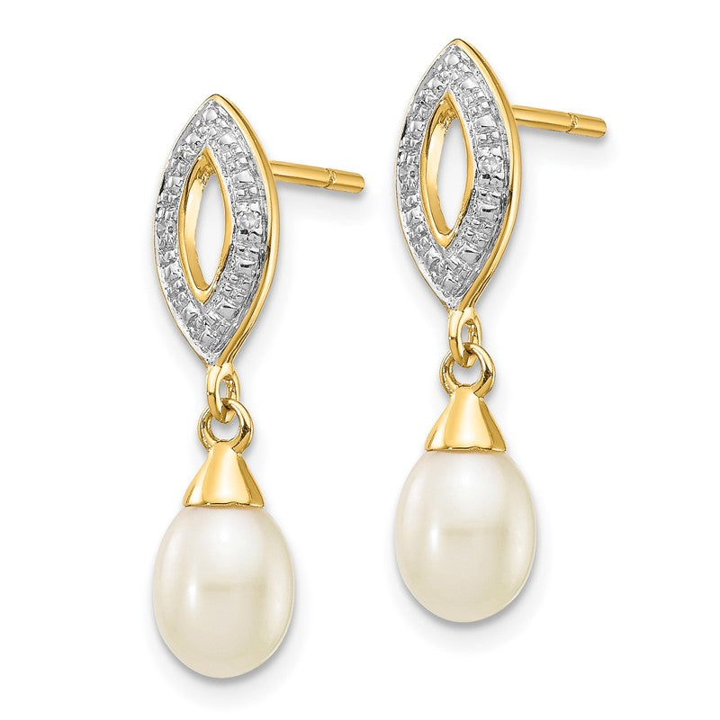 14k 7x5mm White Teardrop Freshwater Cultured Pearl and .01 carat Diamond Dangle Post Earrings XE2496AA