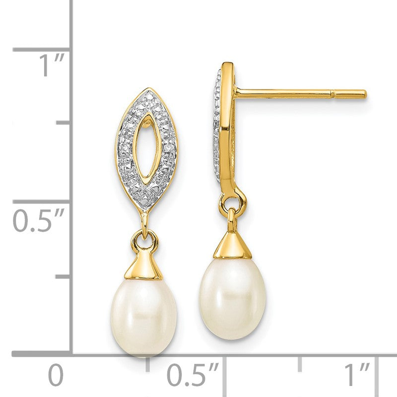 14k 7x5mm White Teardrop Freshwater Cultured Pearl and .01 carat Diamond Dangle Post Earrings XE2496AA