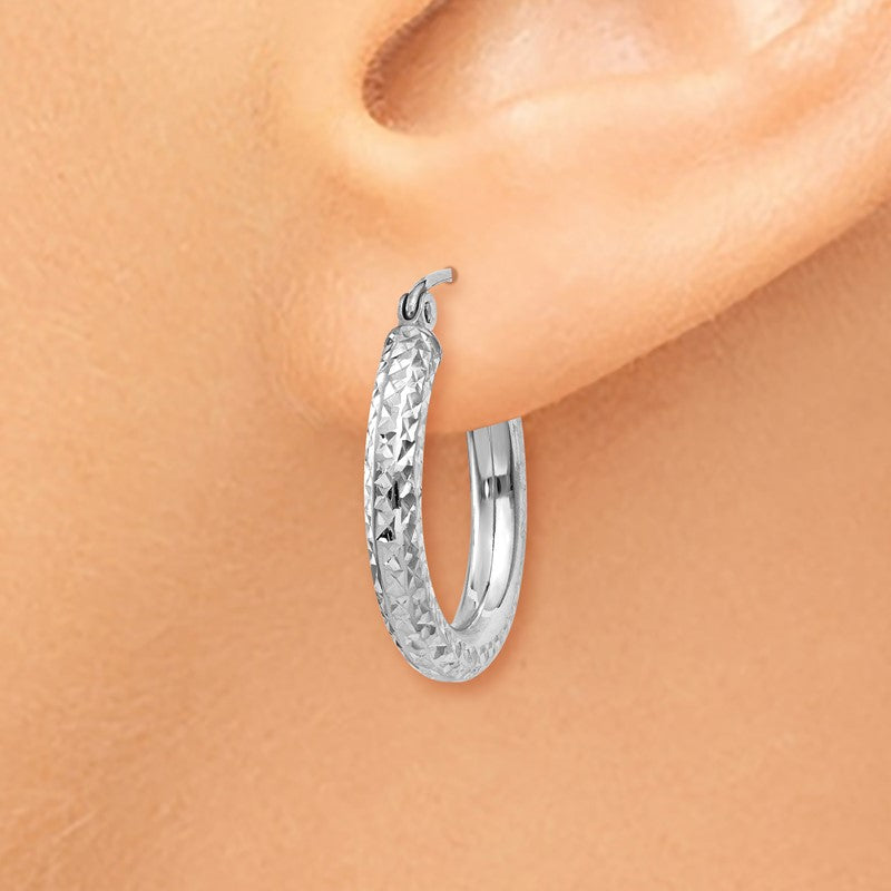 14k White Gold 3x20mm Diamond-cut Round Tube Hoop Earrings TC254