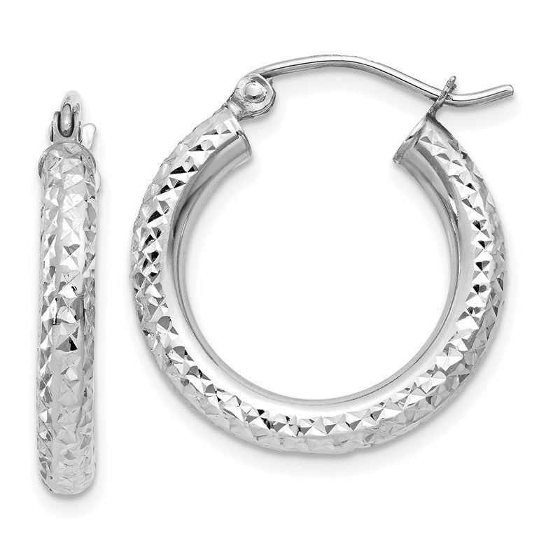 14k White Gold 3x20mm Diamond-cut Round Tube Hoop Earrings TC254