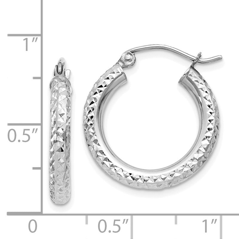 14k White Gold 3x20mm Diamond-cut Round Tube Hoop Earrings TC254
