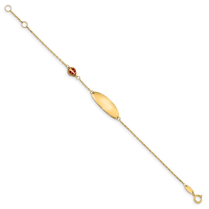 14K Polished Red Enamel Ladybug and 20x7mm Plate 5.5 inch Baby/Child ID Bracelet with 0.5 inch Extender BID107