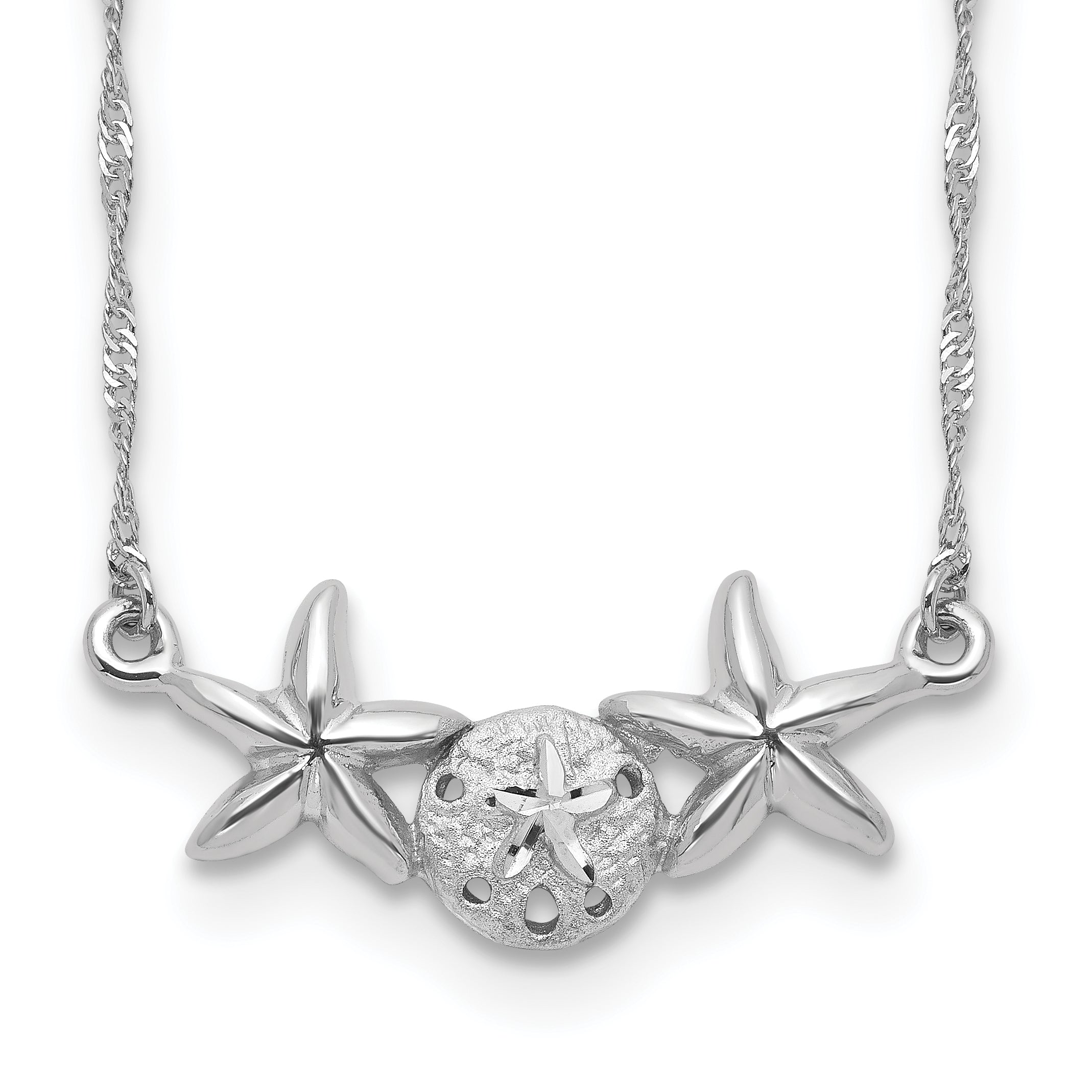 14K White Gold Brushed and Polished Sand Dollar and Starfish 17 inch Necklace SF2671