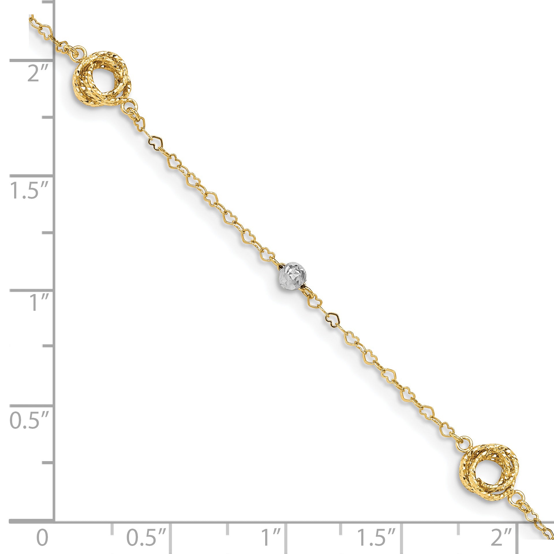 14k Two-tone Love Knots and Beads on Small Heart Link 7.5 inch Bracelet FB1466