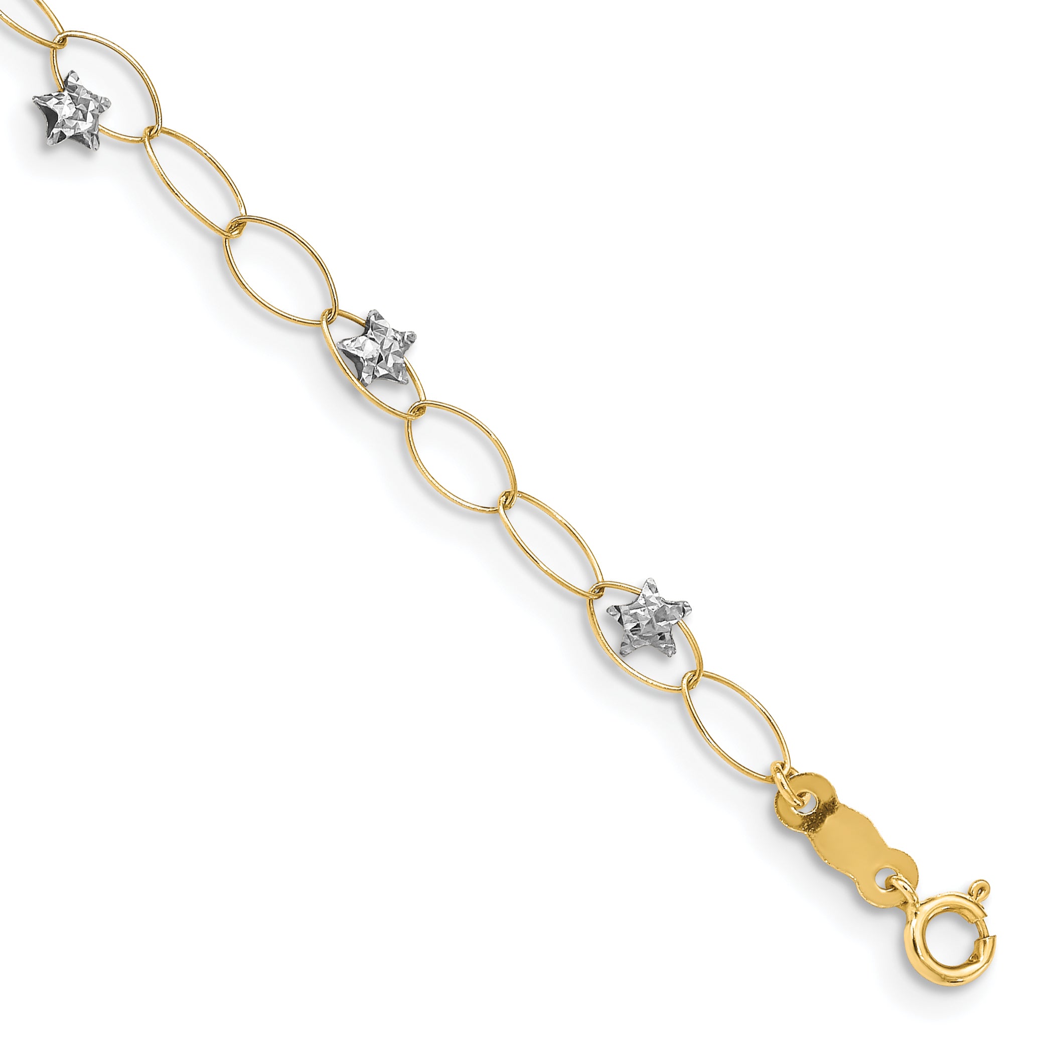 14k Two-tone Diamond-cut Puffed Stars and Oval Link 7.25 inch Bracelet FB1322