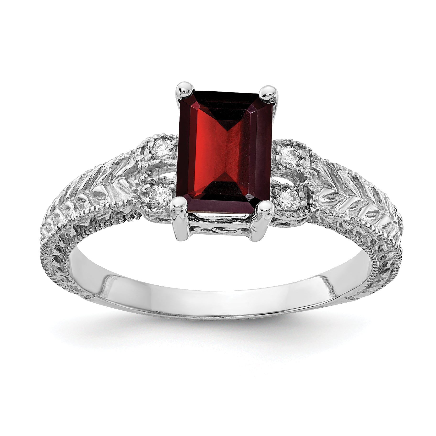 14k White Gold 7x5mm Emerald-cut Garnet and 1/20 carat AA Diamond Ring Y2266GA/AA