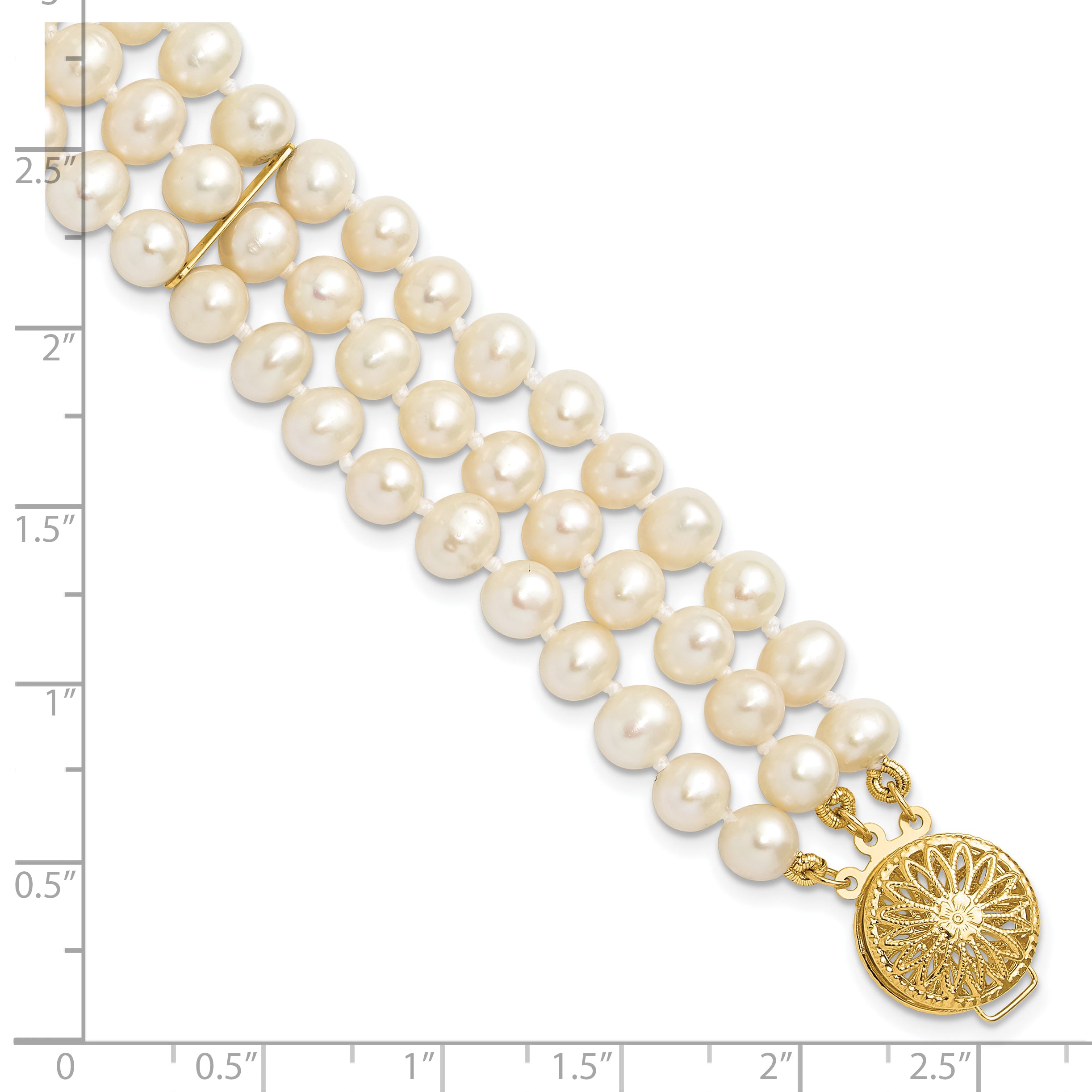 14k 5-6mm White Near-Round Freshwater Cultured Pearl 3-Strand 7.5 inch Bracelet PR14