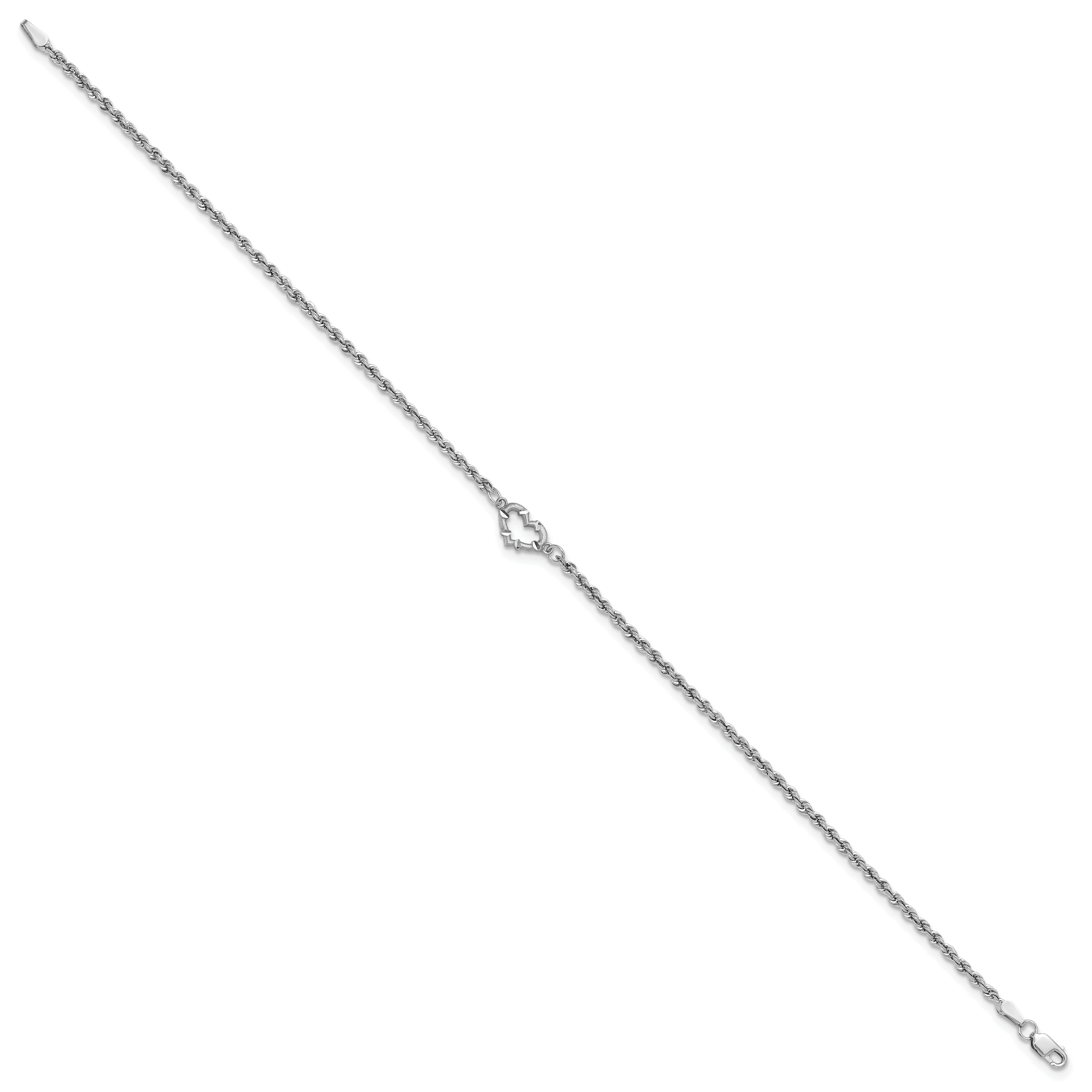 14k White Gold Diamond-cut Open Heart and Rope Chain 10 inch Anklet ANK153