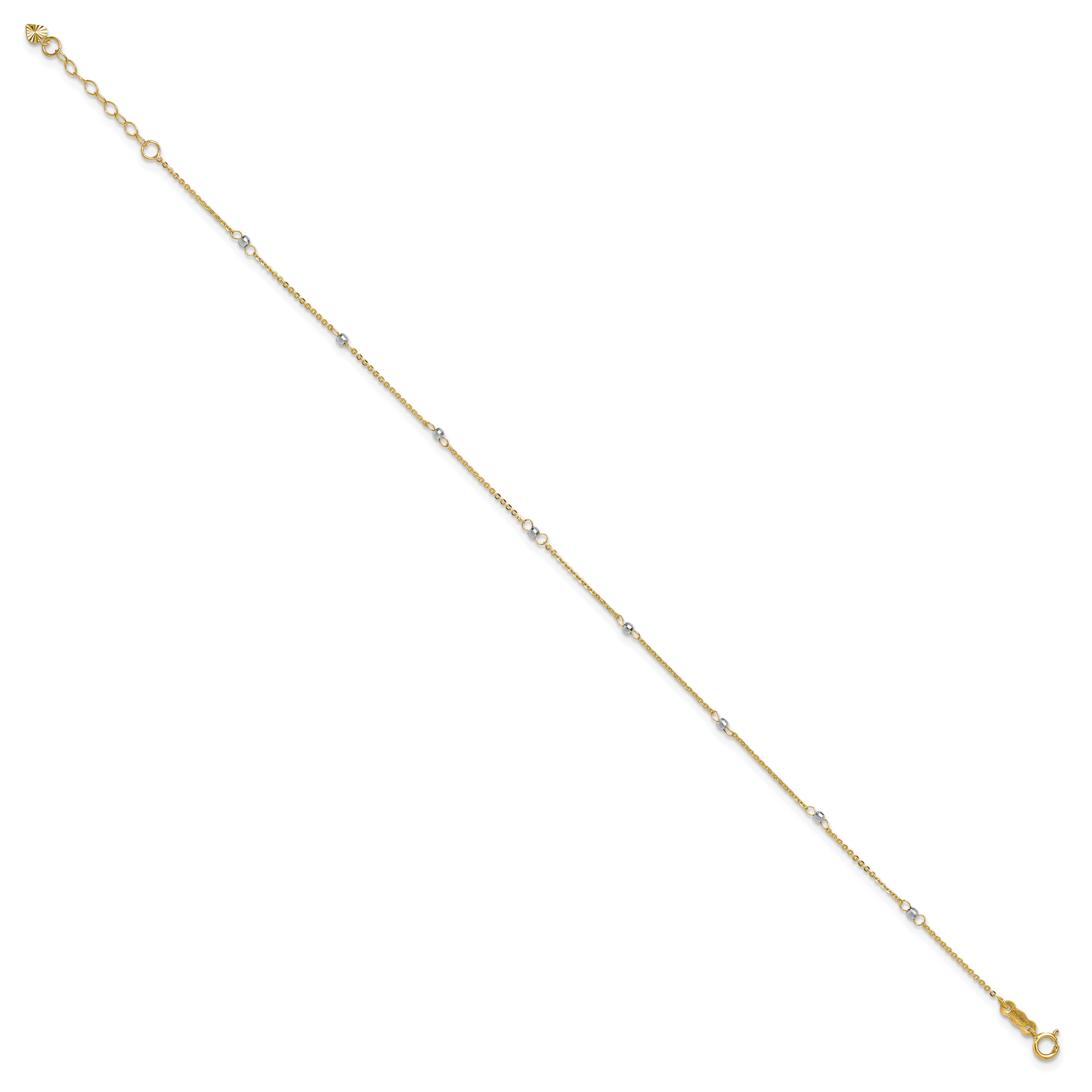 14k Two-tone Cable Chain Mirror Beads 8-Station 9 inch Plus 1 inch Extender - Total 10 inch Anklet ANK264