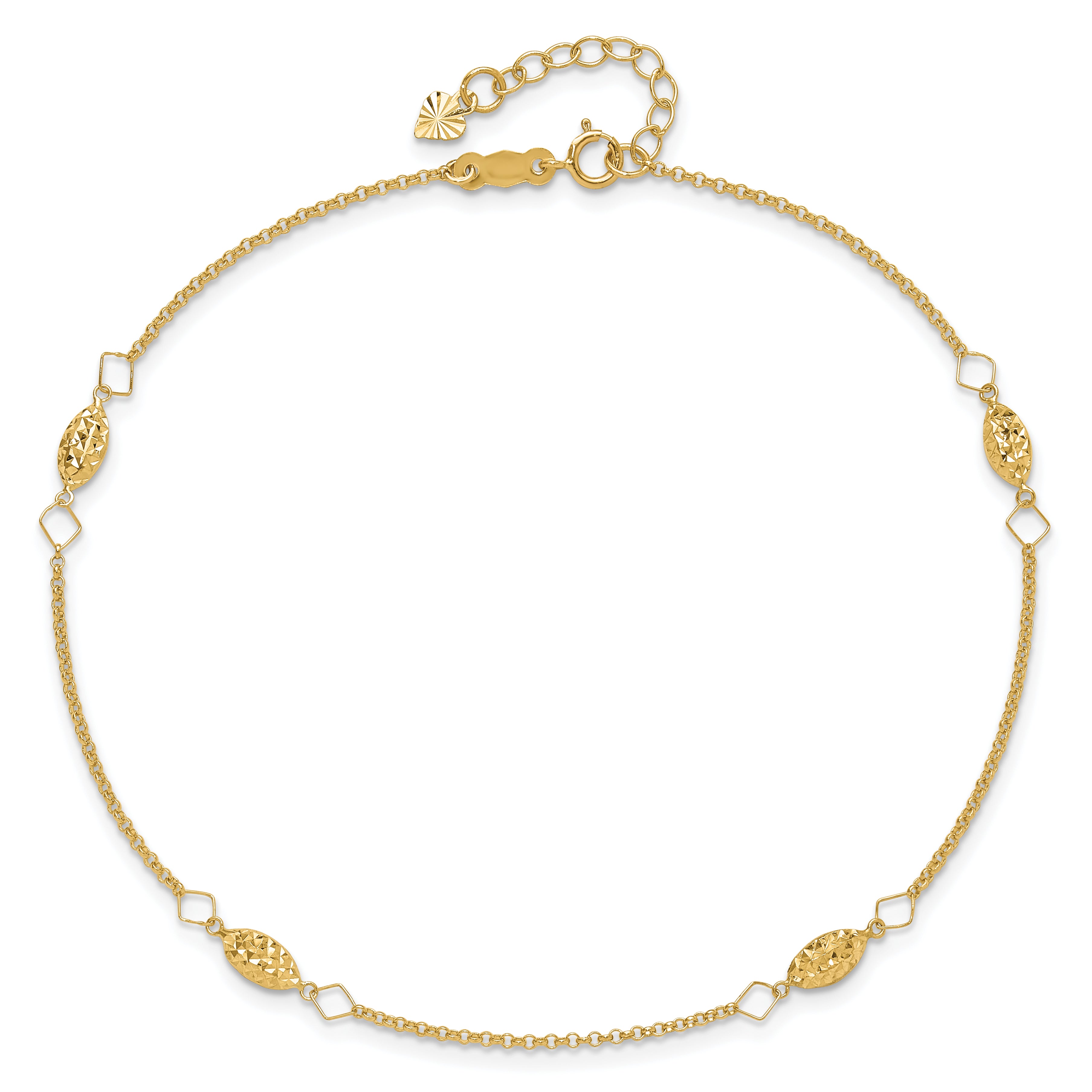 14K Diamond-cut Rice Puff Beads 4-Station 9 inch Plus 1 inch Extender - Total 10 inch Anklet ANK272