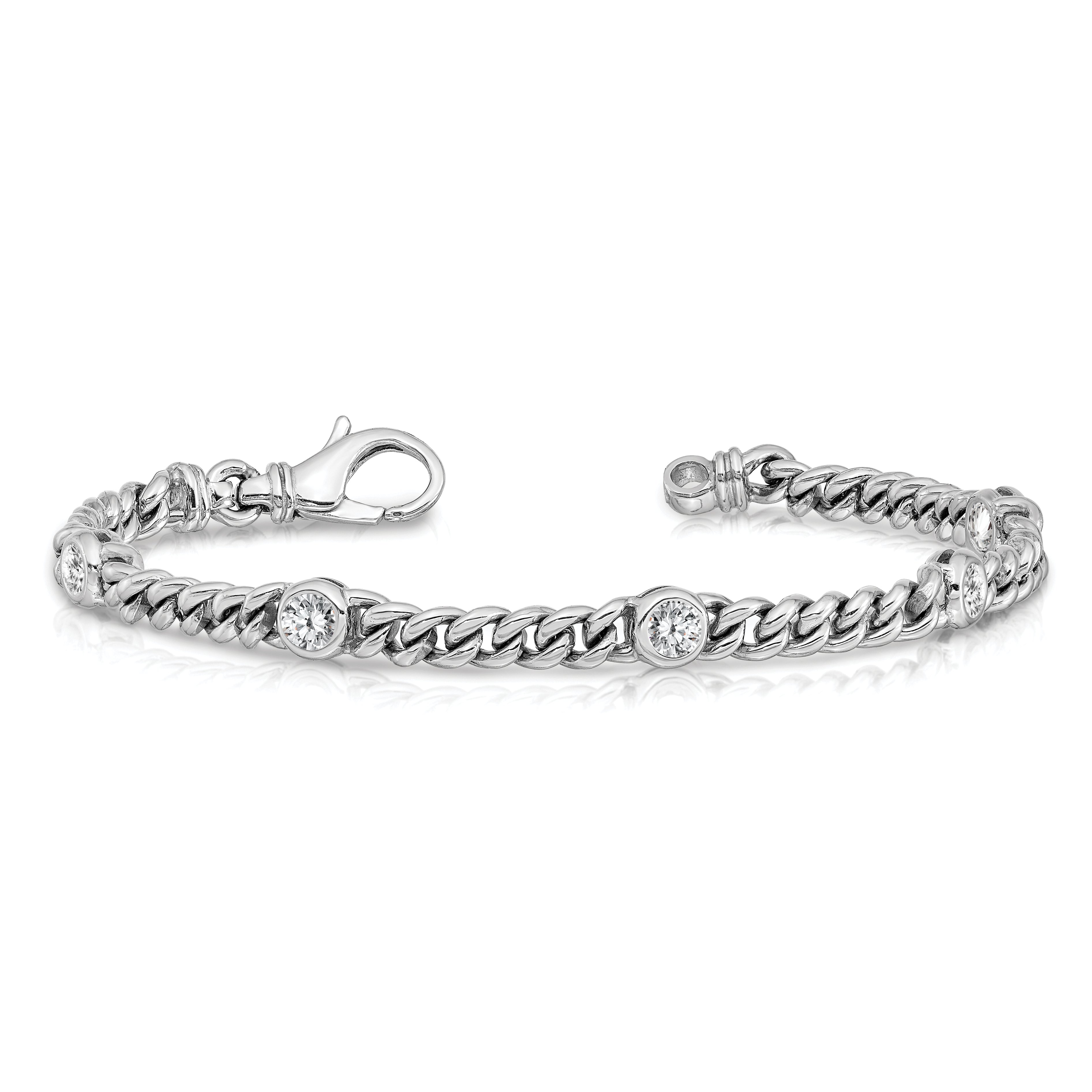 14k White Gold Complete 1 carat Round AA Diamond Bezel Curb Link 7 inch Bracelet X2959WAA