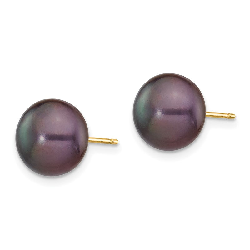14k 9-10mm Black Button Freshwater Cultured Pearl Stud Post Earrings X90BB
