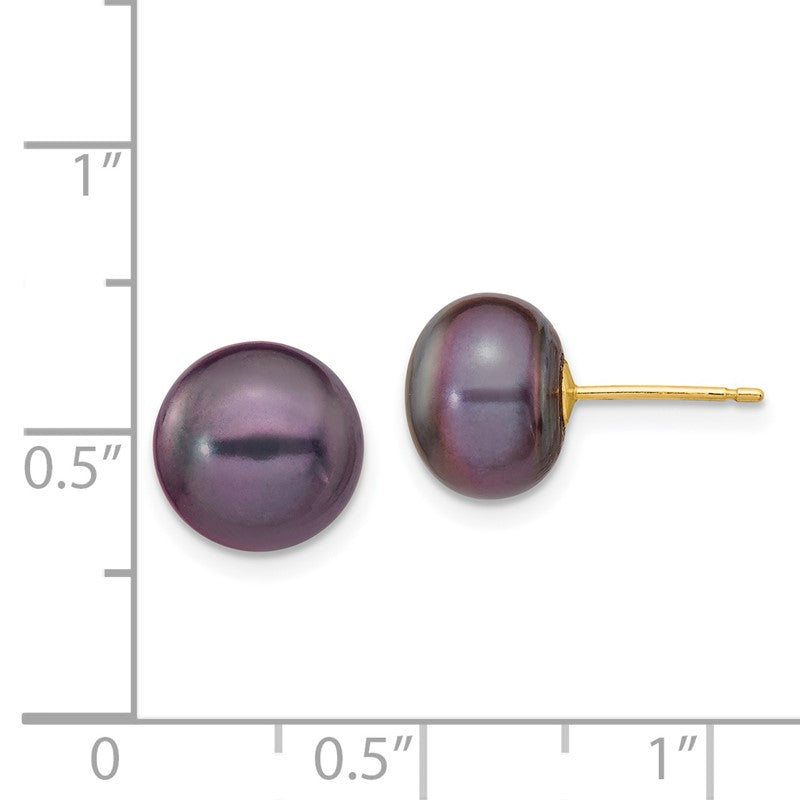 14k 9-10mm Black Button Freshwater Cultured Pearl Stud Post Earrings X90BB