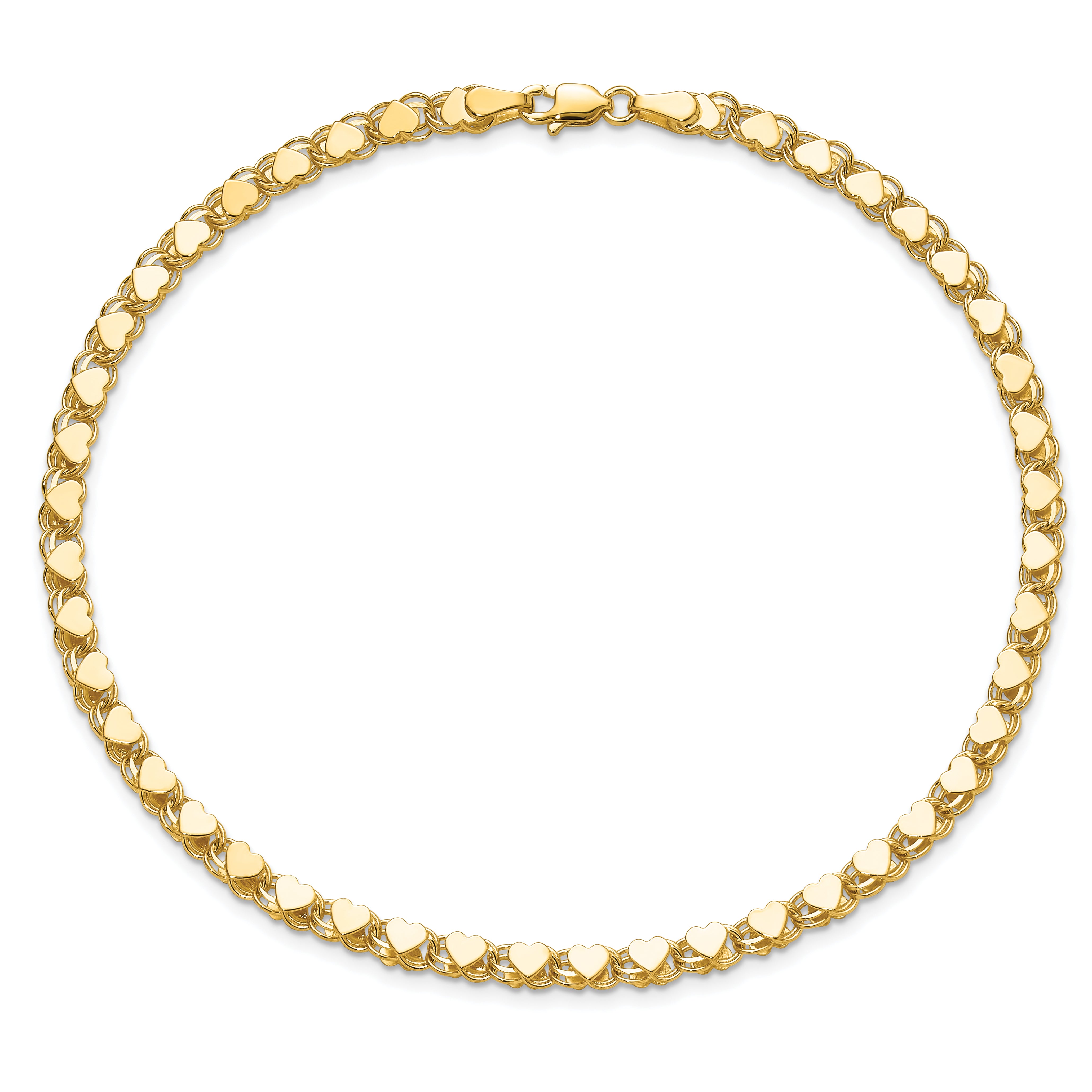 14k Polished Double-Sided Hearts Double Link 10 inch Anklet ANK98