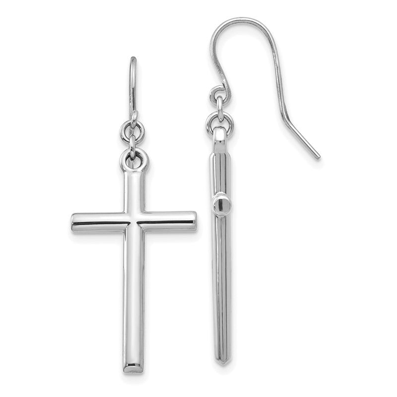 14k White Gold Hollow Polished Cross Dangle French Hook Earrings TF503