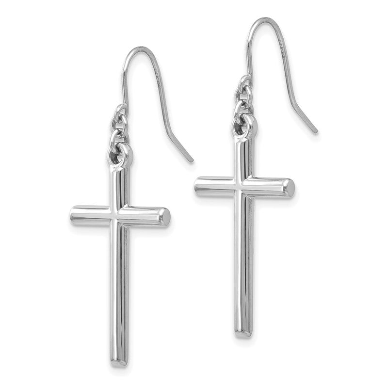 14k White Gold Hollow Polished Cross Dangle French Hook Earrings TF503
