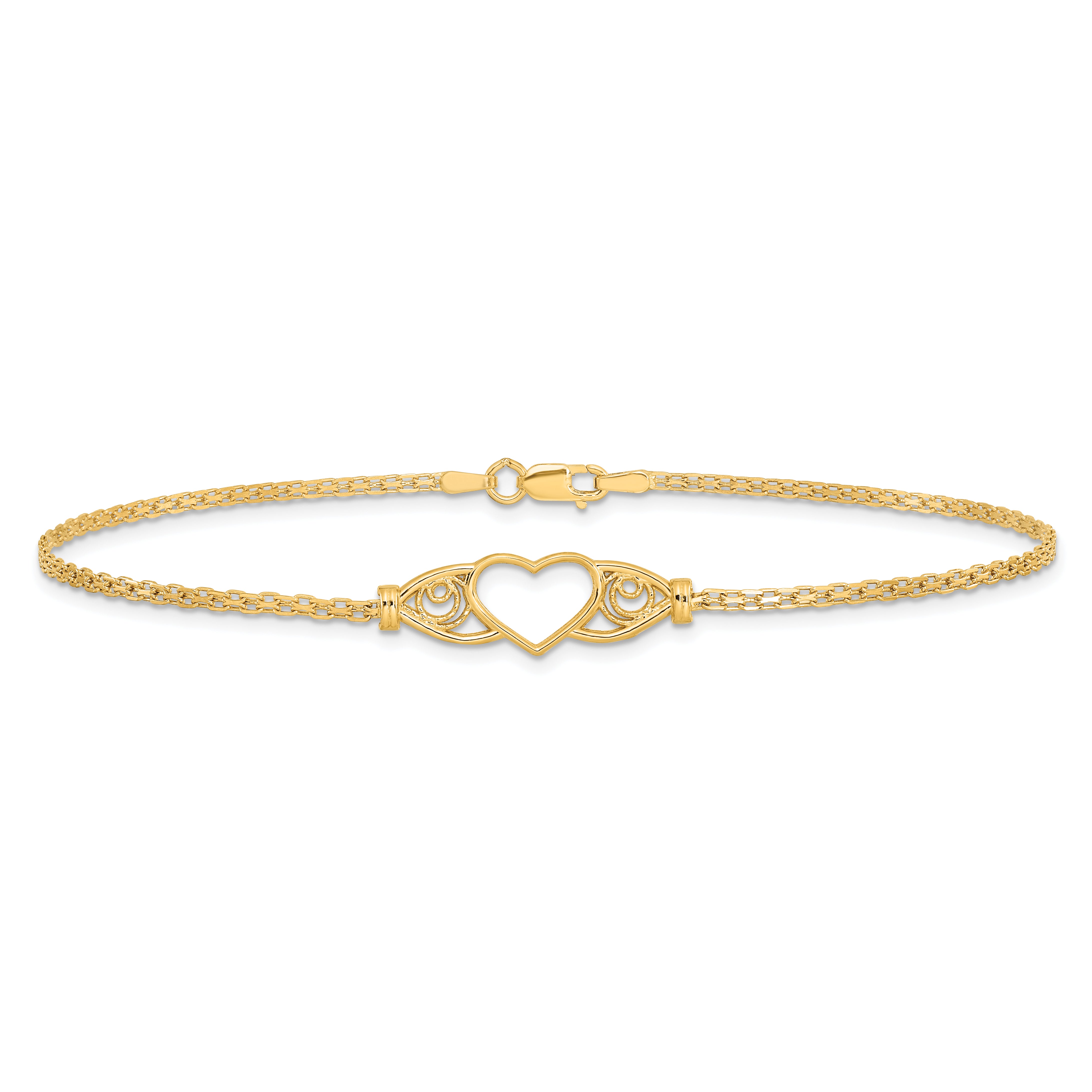 14k Polished Open Heart with Filigree and Bismark Chain 10 inch  Anklet ANK118