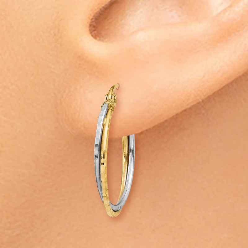 14K Yellow and White Gold Diamond Cut Twisted Hoop Earrings TL678