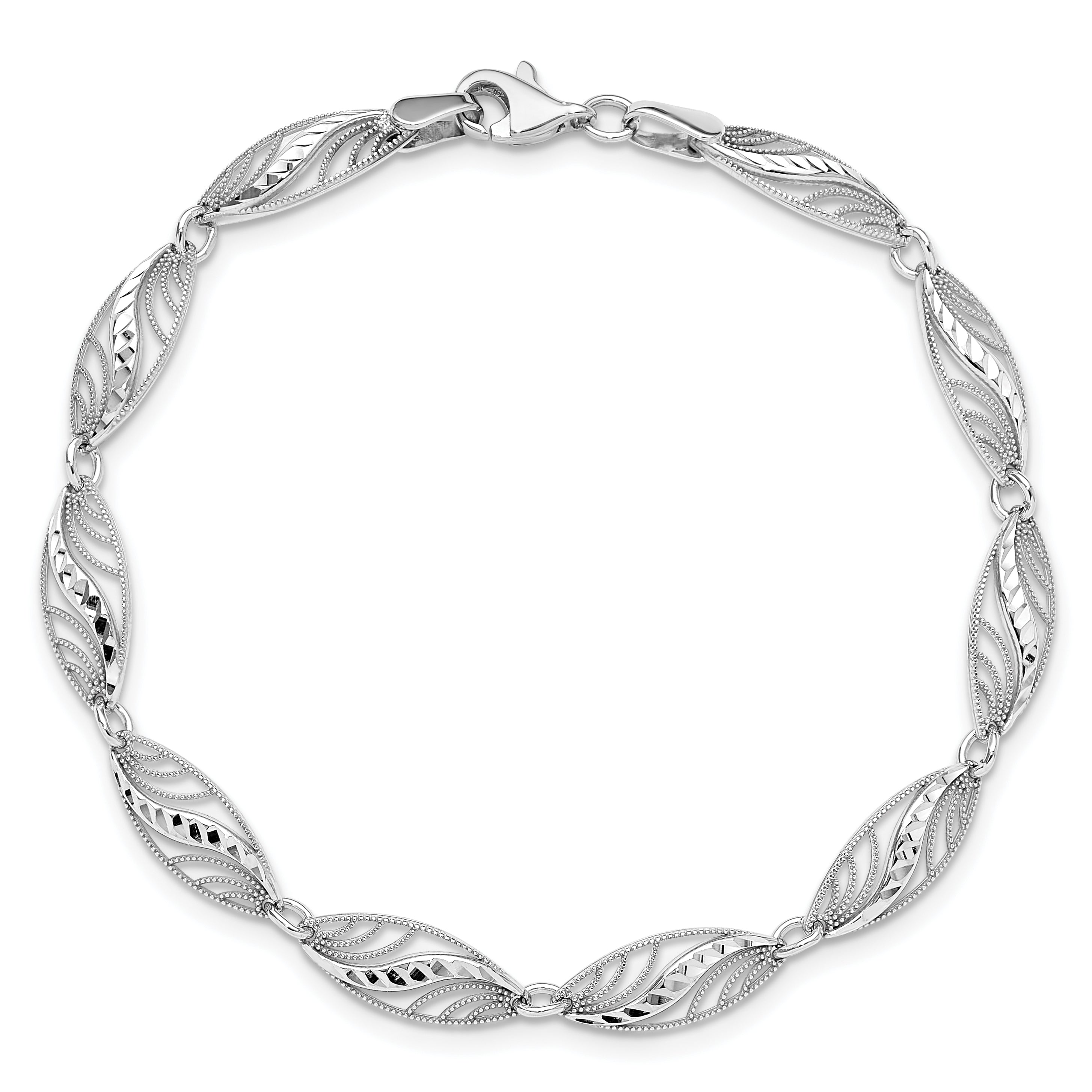 14k White Gold Oval Filigree Diamond-cut 7.25 inch Bracelet FB1336