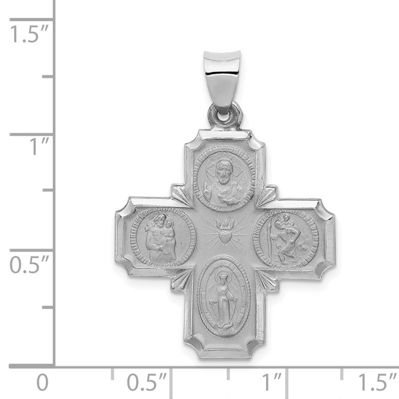 14k White Gold Polished and Satin Hollow Four-Way Religious Medal Pendant XR1283