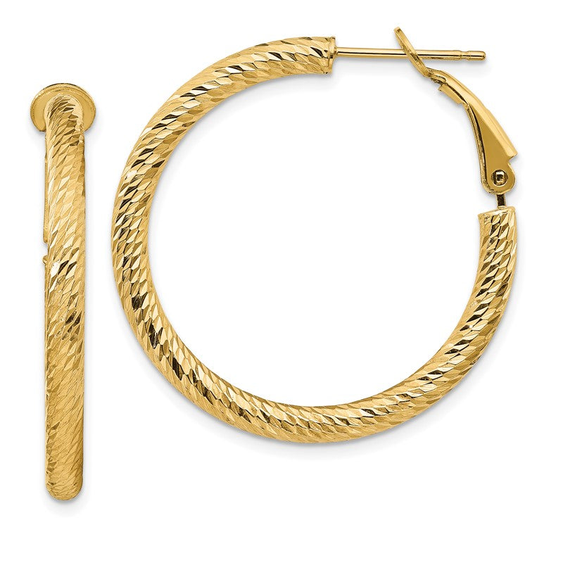 14k 3x32mm Diamond-cut Round Omega Back Tube Hoop Earrings PRE940