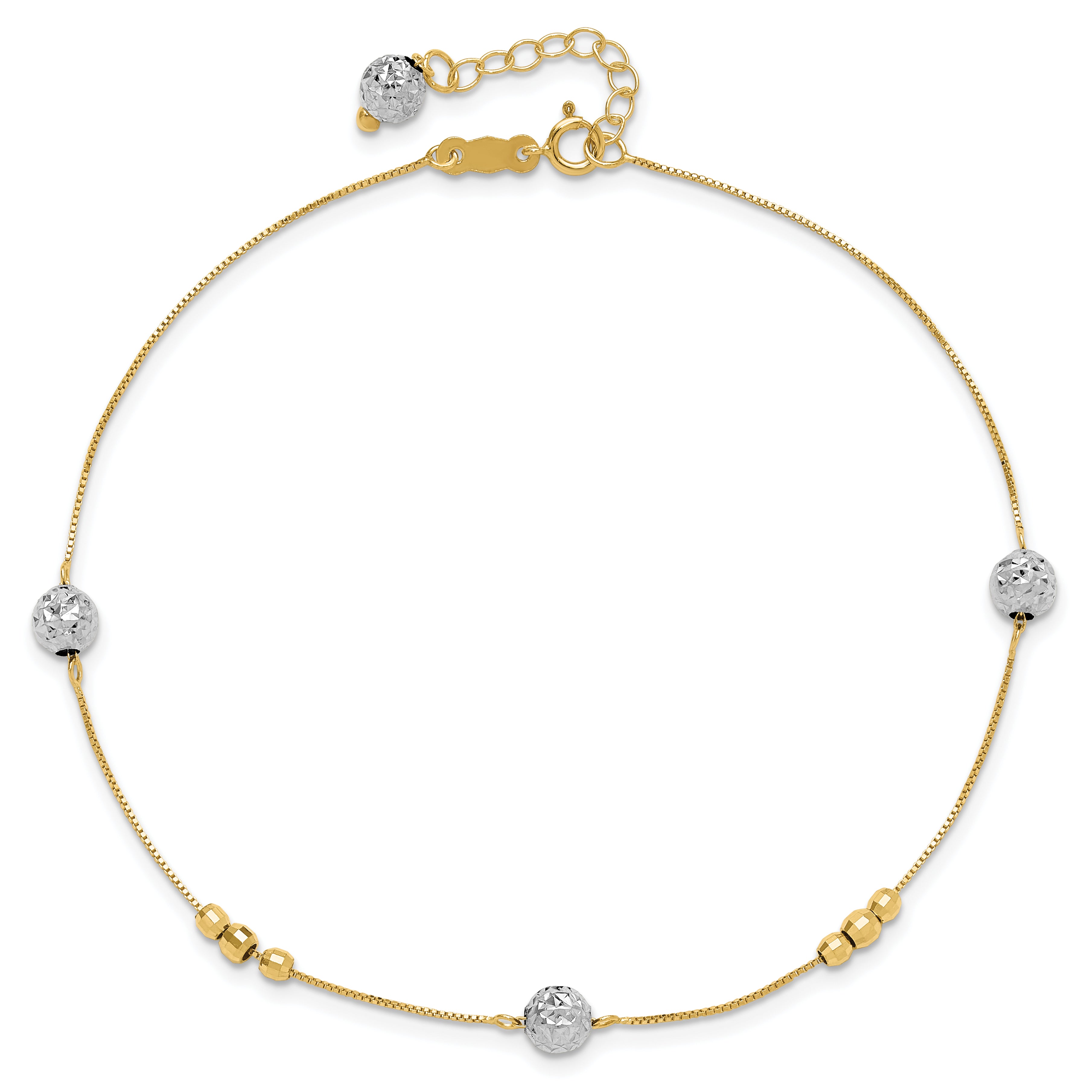 14k Two-tone Textured and Mirror Beads 5-Station 9 inch Plus 1 inch Bead Dangle Extender - Total 10 inch Anklet ANK229