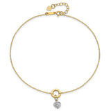 14K Two-tone Circle with Diamond-cut Puffed Heart Dangle 9 inch Plus 1 inch Extender - Total 10 inch Anklet ANK243