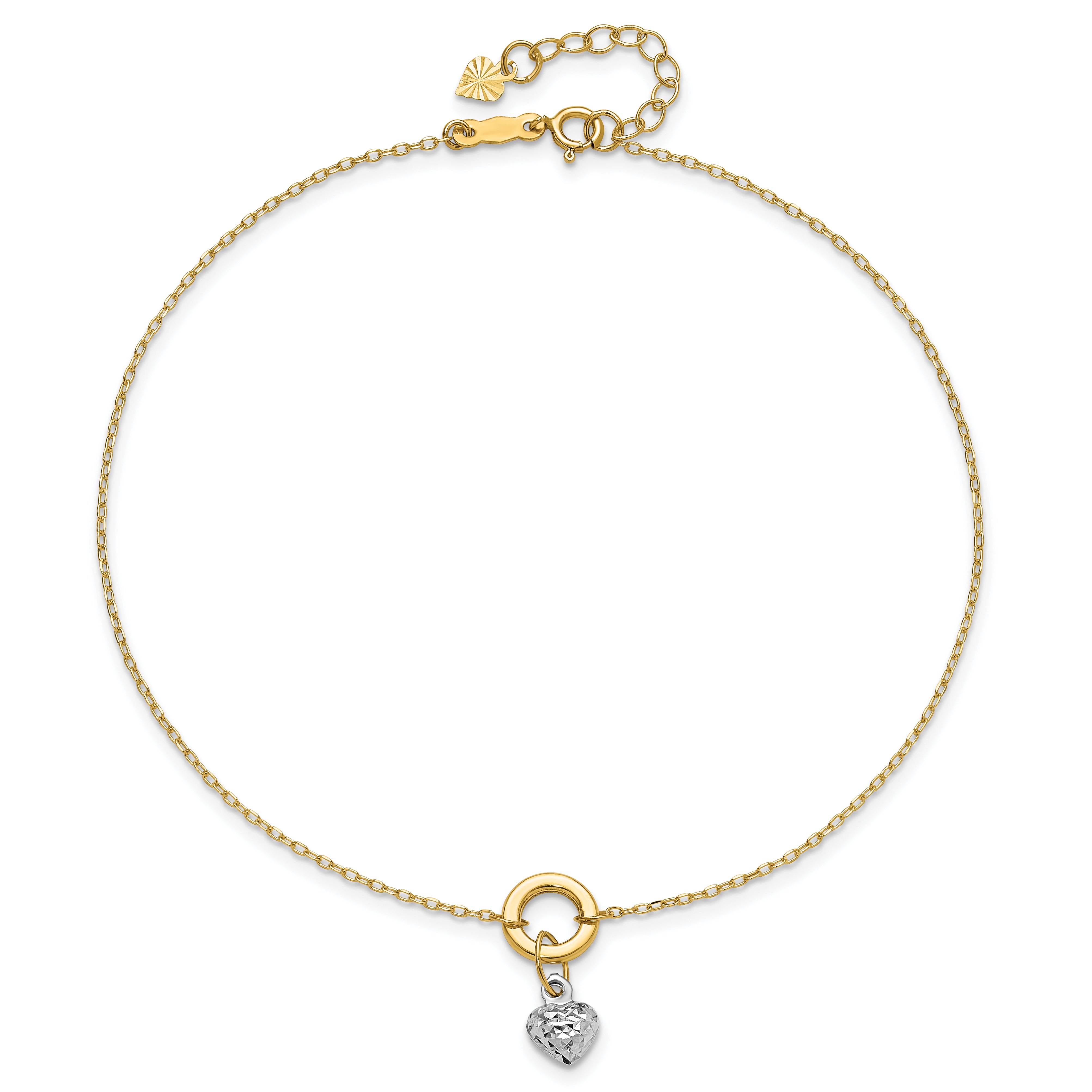 14K Two-tone Circle with Diamond-cut Puffed Heart Dangle 9 inch Plus 1 inch Extender - Total 10 inch Anklet ANK243