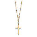 14k Tri-color Diamond-cut Beaded Chain with Polished Cross Pendant 17 inch Necklace SF2501