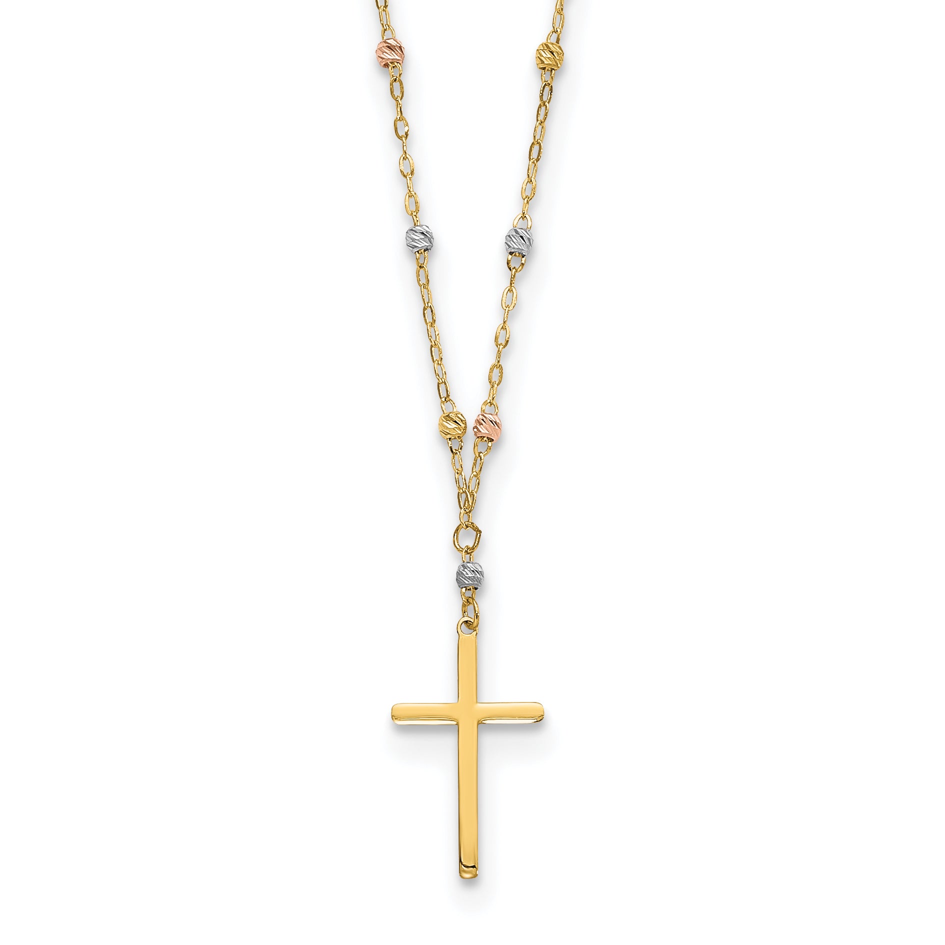 14k Tri-color Diamond-cut Beaded Chain with Polished Cross Pendant 17 inch Necklace SF2501