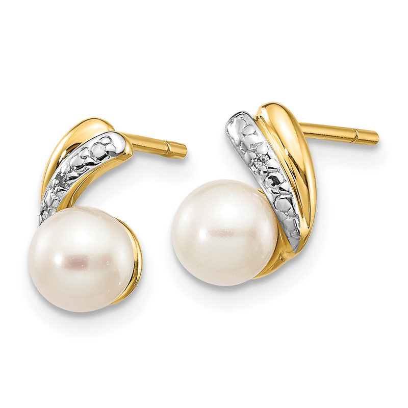 14k 5-6mm White Round Freshwater Cultured Pearl and .01 carat Diamond Post Earrings XE2493AA