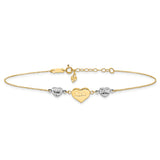 14K Two-tone Diamond-cut and MOM Puffed Heart 9 inch Plus 1 inch Extender - Total 10 inch Anklet ANK254