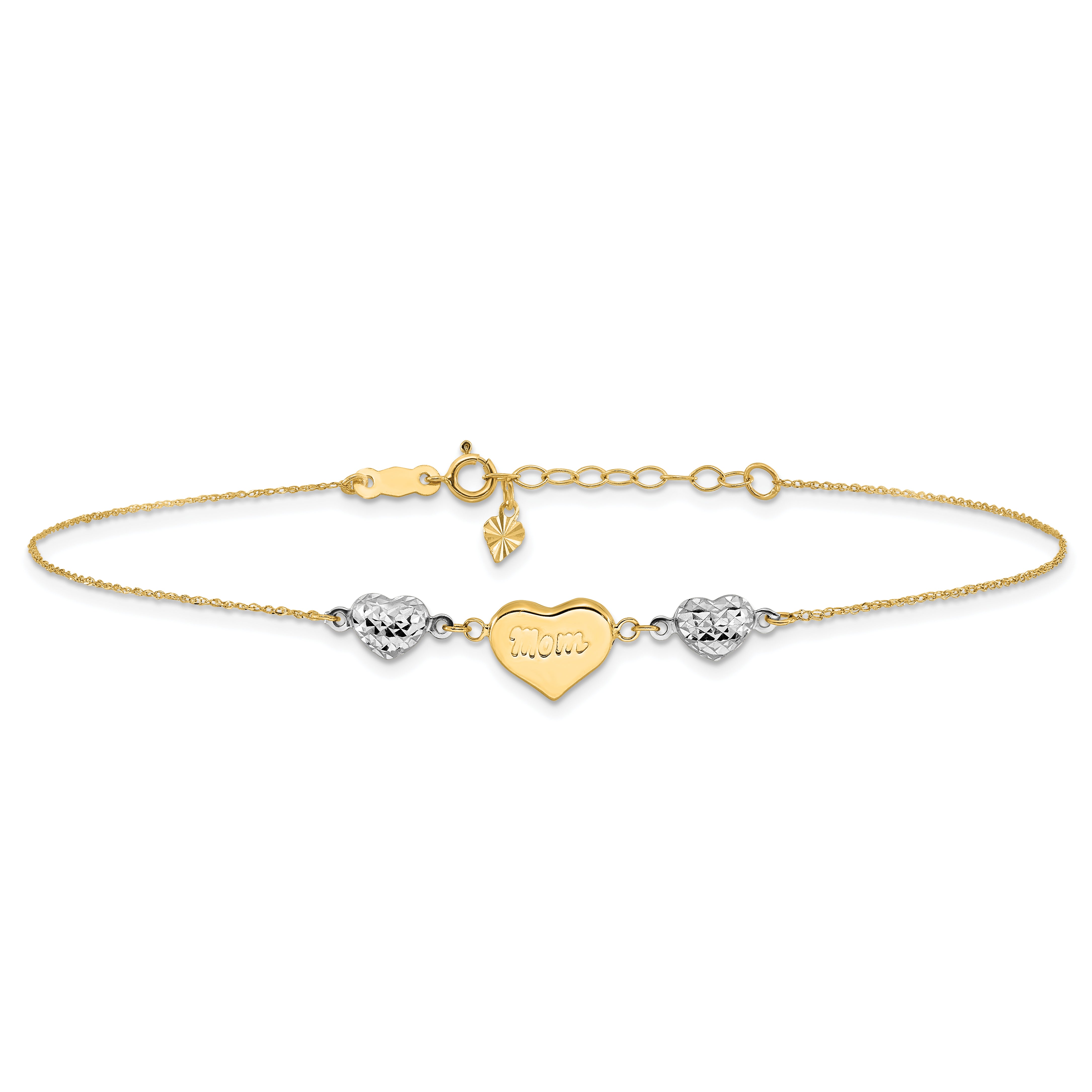 14K Two-tone Diamond-cut and MOM Puffed Heart 9 inch Plus 1 inch Extender - Total 10 inch Anklet ANK254
