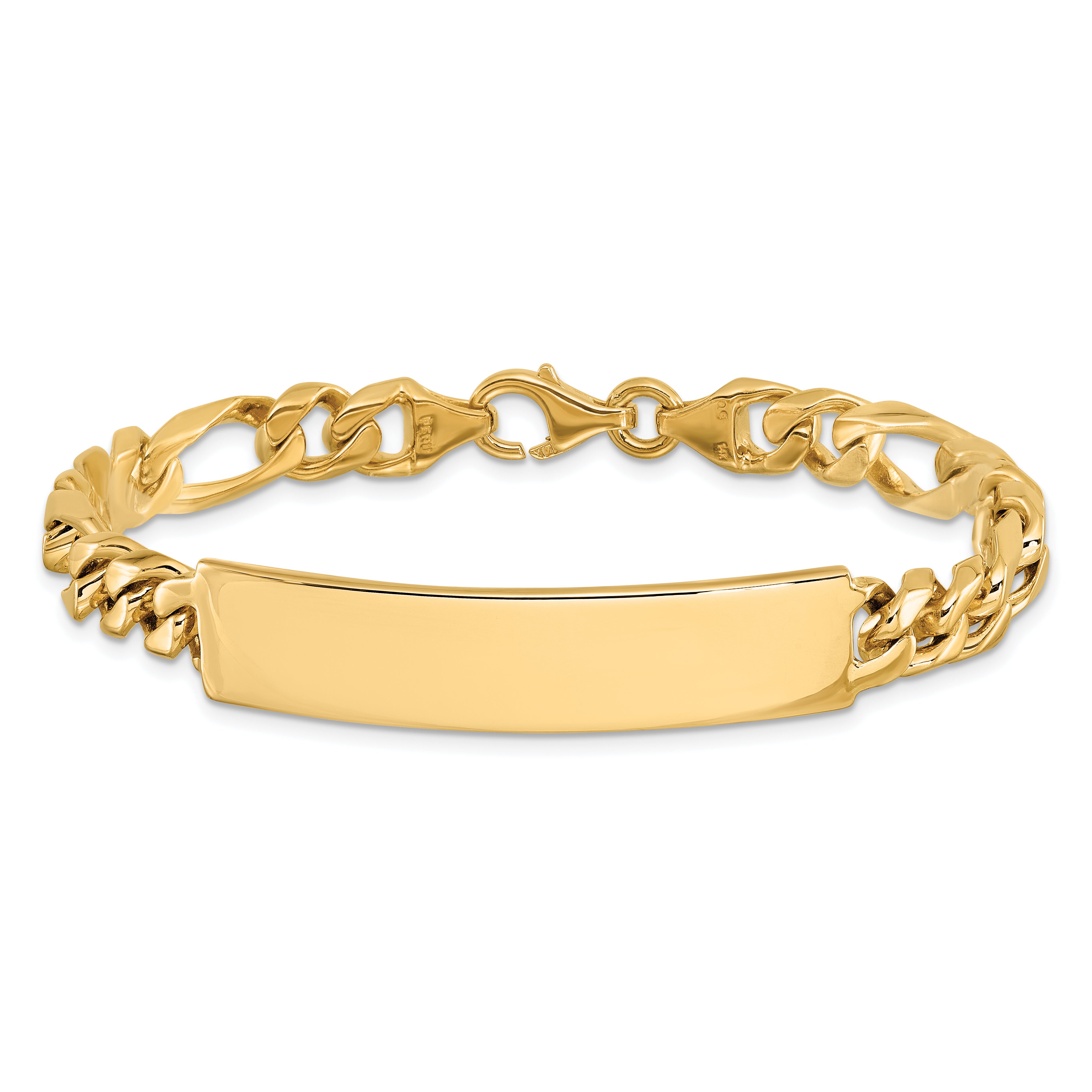 14k Hand-polished Solid Chain/Solid Plate Figaro Link 47x9mm Plate 8 inch ID Bracelet LK108ID