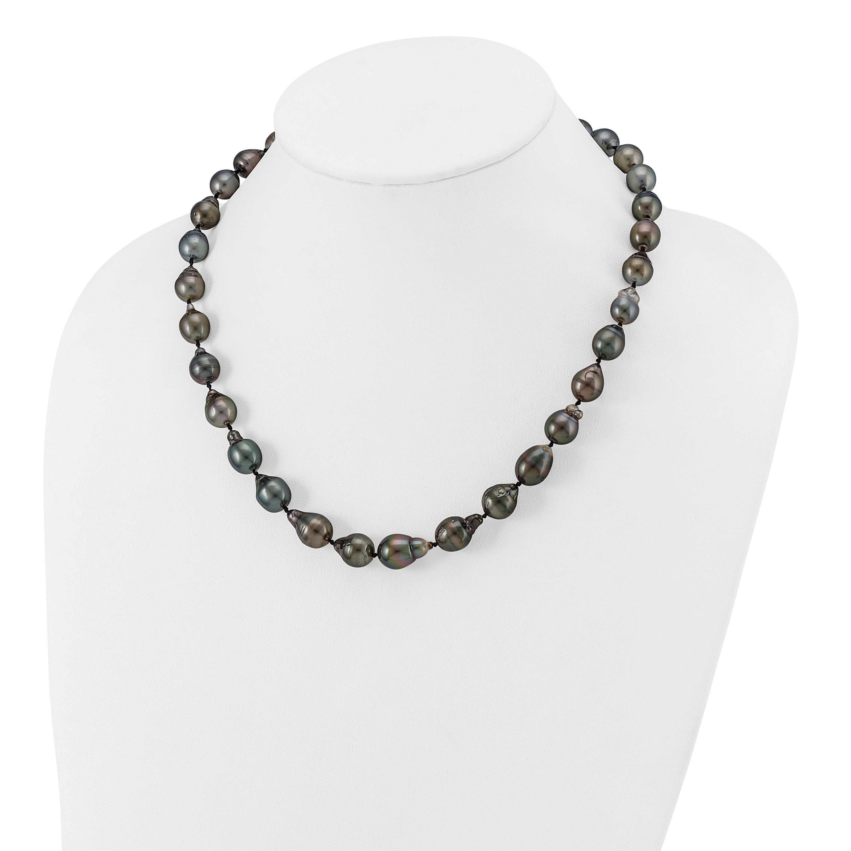 14k White Gold 8-11mm Black Baroque Tahitian Saltwater Cultured Pearl Graduated 18 inch Necklace XF423