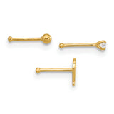 14K 22 Gauge Leaf / 2mm Ball / 2mm CZ  3-piece Nose Stud Set BD146SET