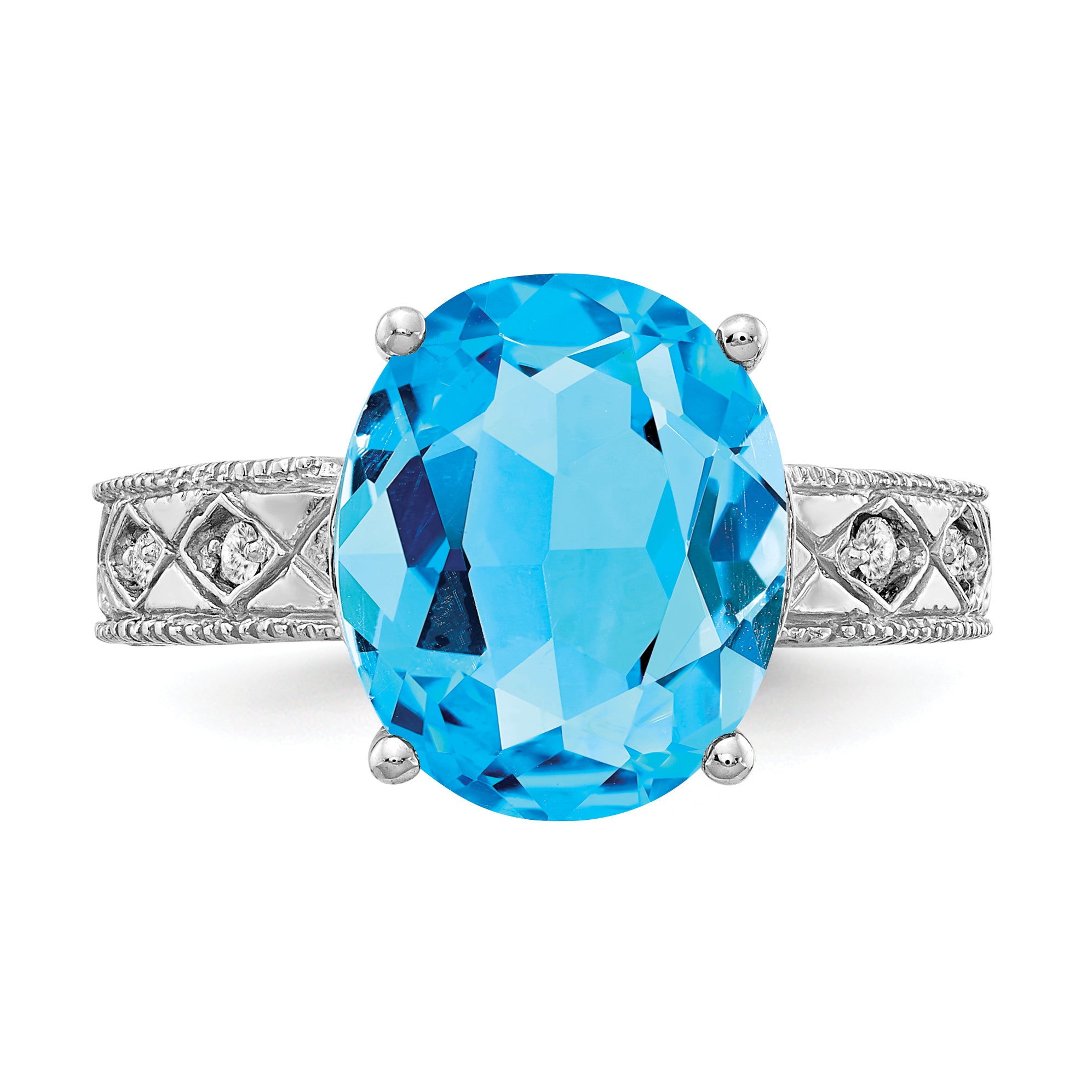 14k White Gold 12x10mm Oval Blue Topaz and 1/20 carat AAA Diamond ring Y2271BT/AAA