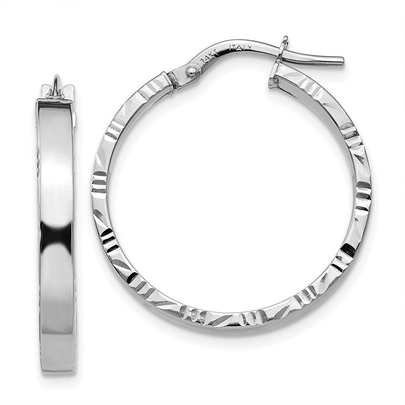 14K White Gold 3x26mm Polished with Diamond-Cut Edge Tube Hoop Earrings TF816