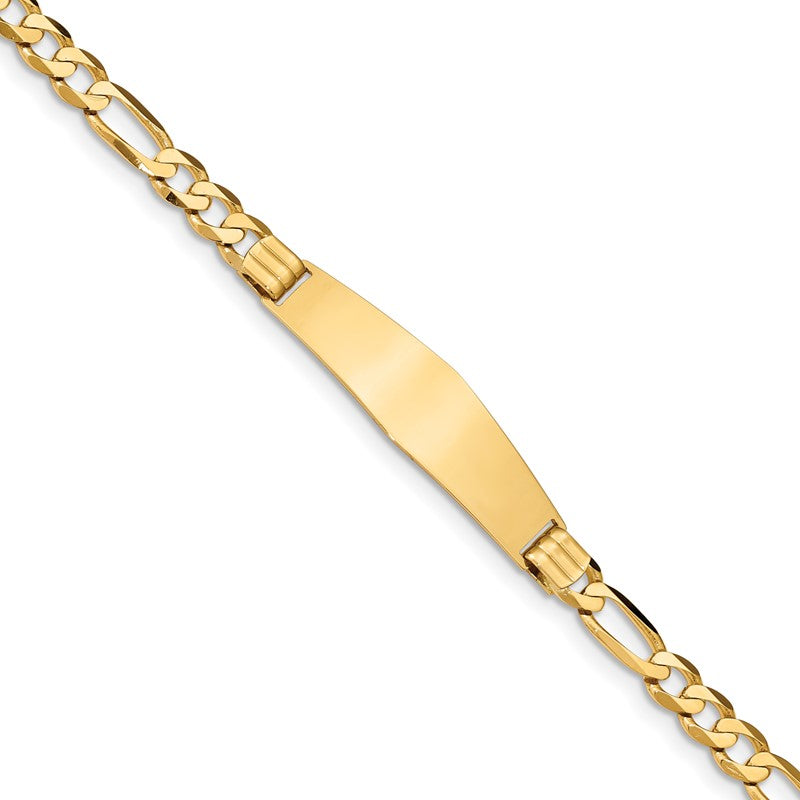 14k Polished Solid Chain/Solid Plate Figaro Link Soft Diamond Shape 37x10mm Plate 7 inch ID Bracelet FIG160IDC