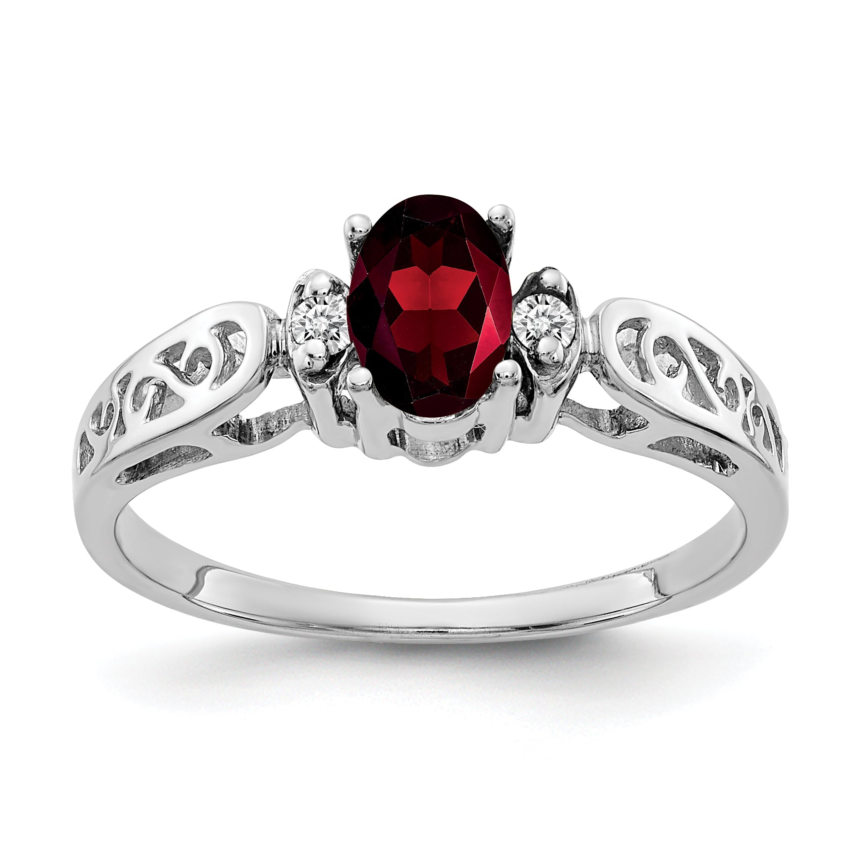 14k White Gold 6x4mm Oval Garnet and VS Diamond Filigree Ring X9735GA/VS