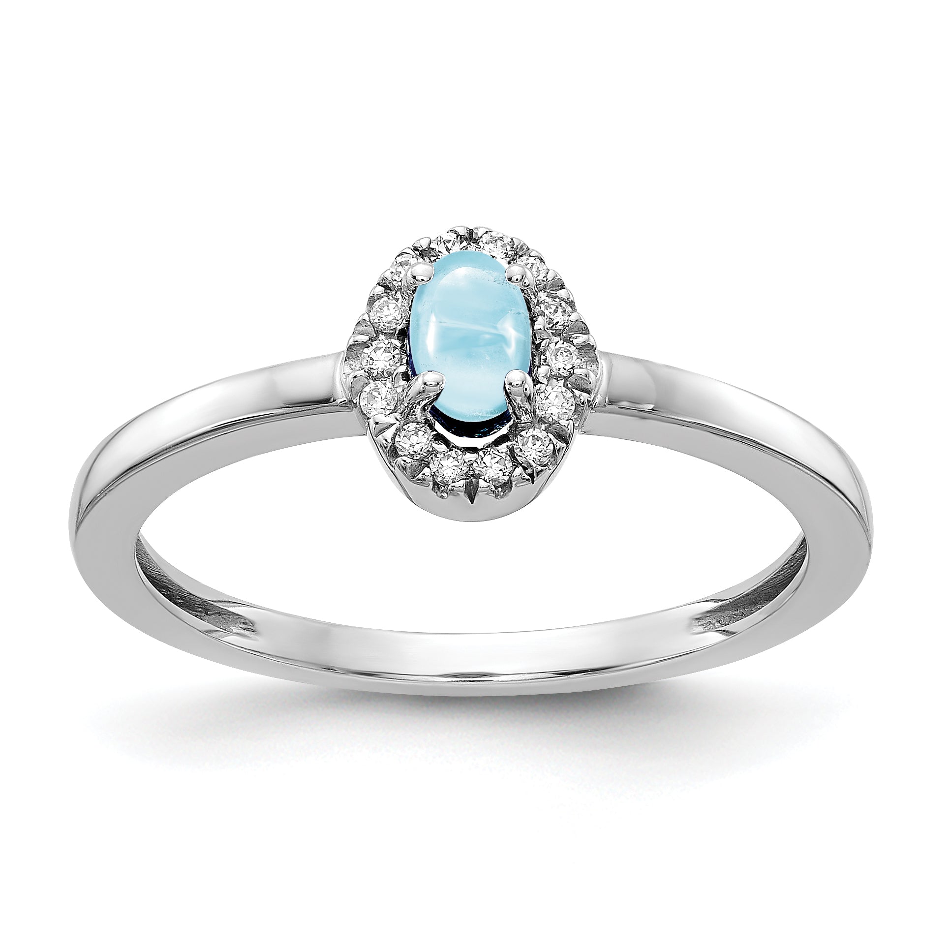 14k White Gold 1/15 carat Diamond and 5x3mm Oval Cabochon Aquamarine Halo Ring RM4035