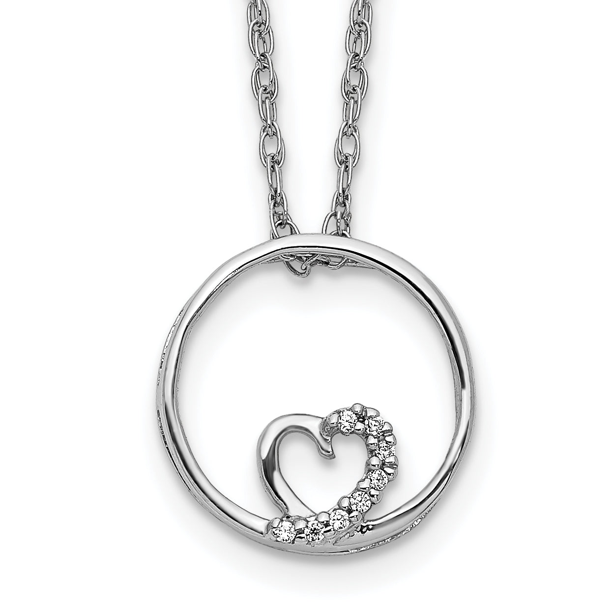 14k White Gold .02 carat Diamond Heart in Circle 18 inch Necklace PM4682