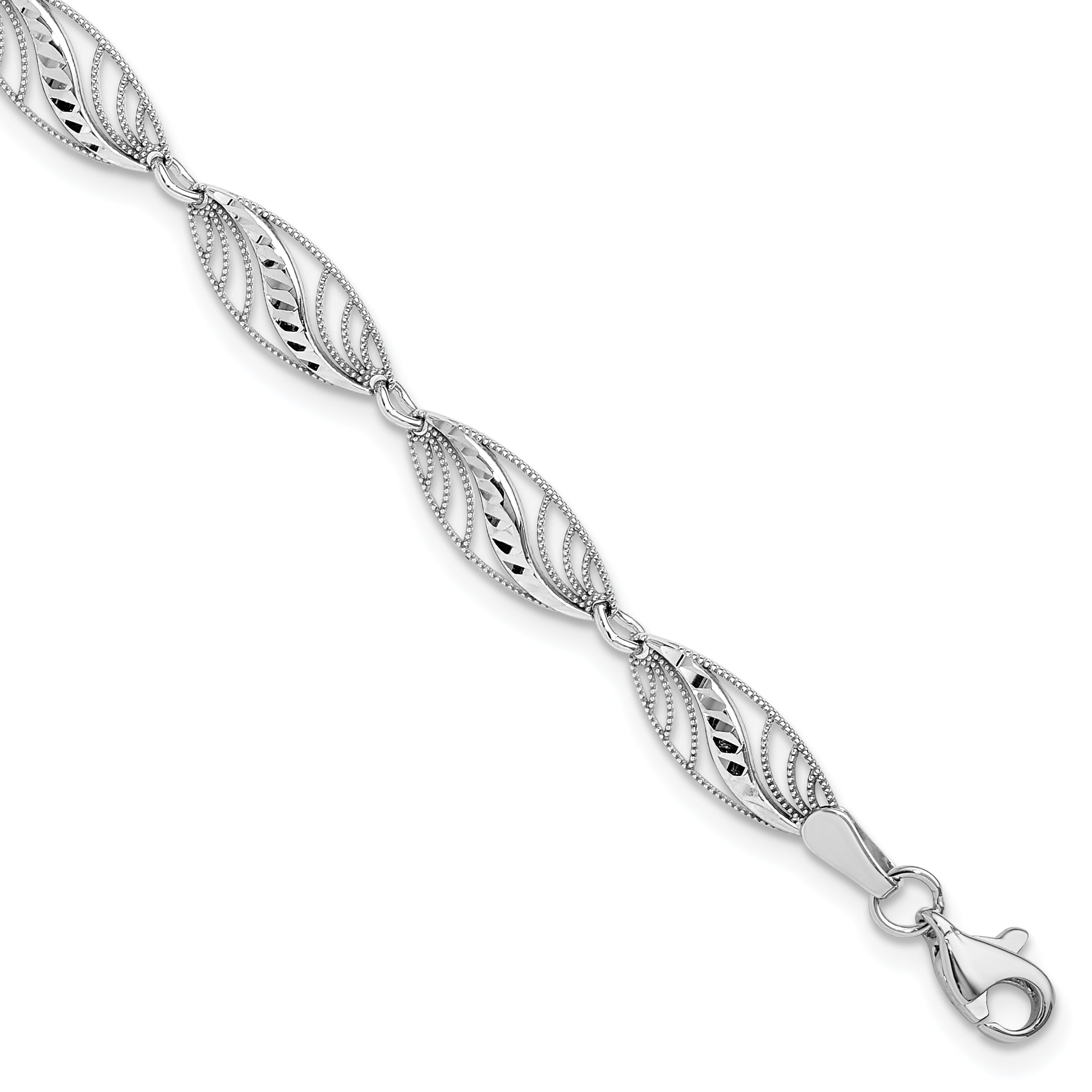 14k White Gold Oval Filigree Diamond-cut 7.25 inch Bracelet FB1336