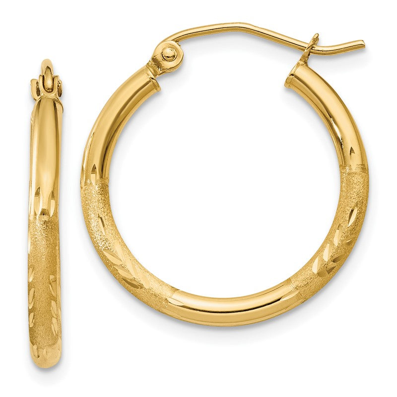 14k 2x20mm Satin Diamond-cut Round Tube Hoop Earrings TC210
