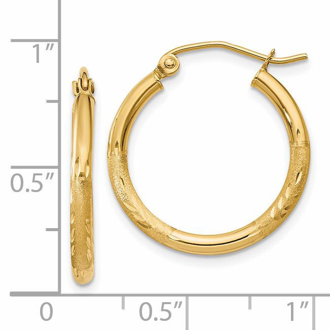 14k 2x20mm Satin Diamond-cut Round Tube Hoop Earrings TC210